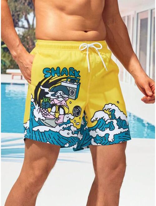 Men Cartoon Letter Graphic Drawstring Waist Swim Trunks