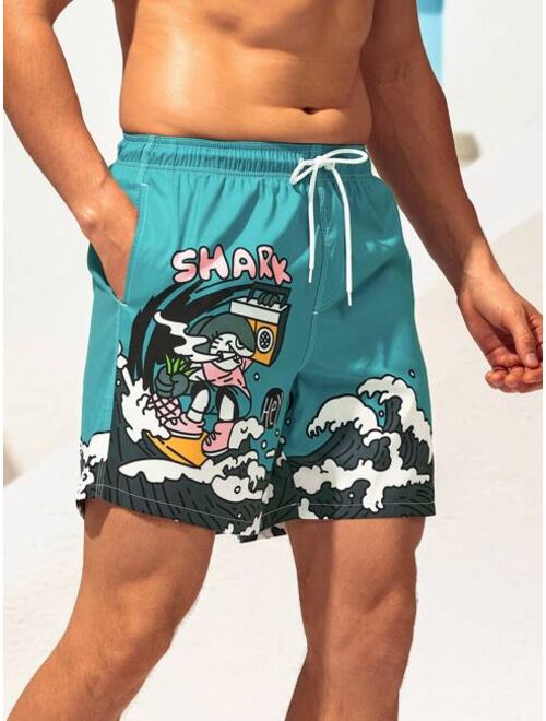 Men Cartoon Letter Graphic Drawstring Waist Swim Trunks