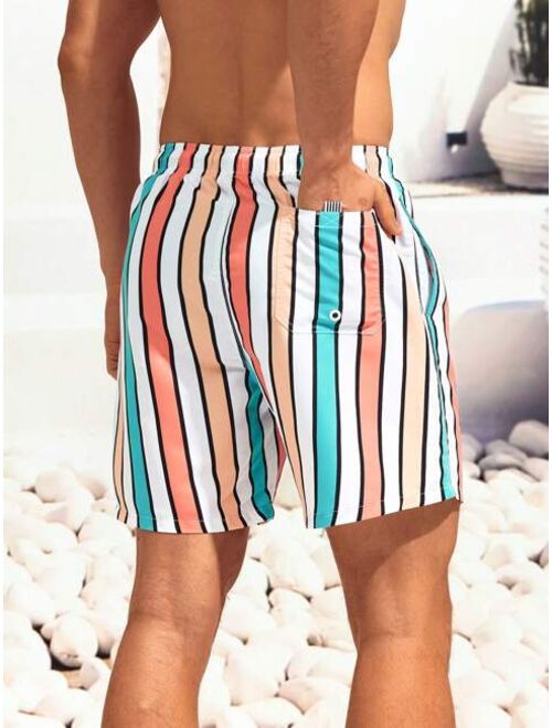 Men Colorblock Striped Letter Patched Drawstring Waist Swim Trunks