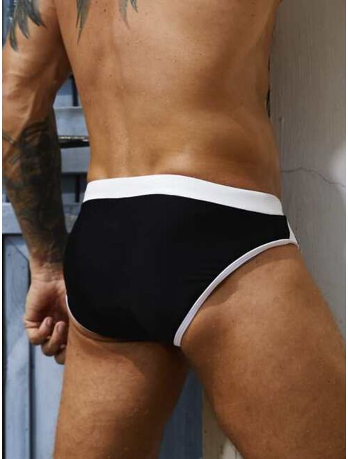 Men Two Tone Drawstring Waist Swim Brief