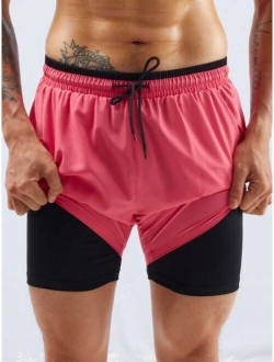 Men Drawstring Waist Swim Shorts With Compression Liner