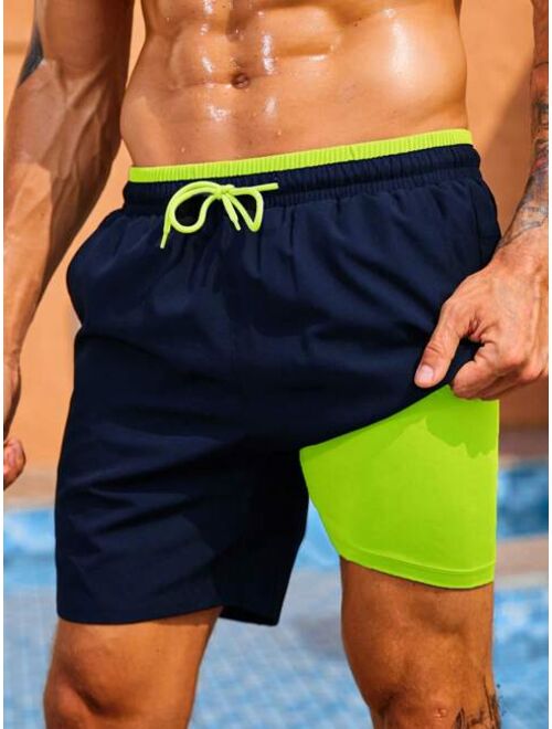 Men Drawstring Waist Swim Shorts With Compression Liner