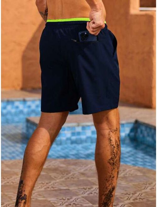 Men Drawstring Waist Swim Shorts With Compression Liner