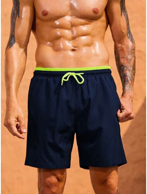 Men Drawstring Waist Swim Shorts With Compression Liner