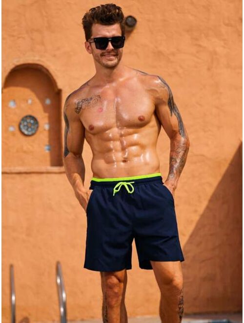 Men Drawstring Waist Swim Shorts With Compression Liner