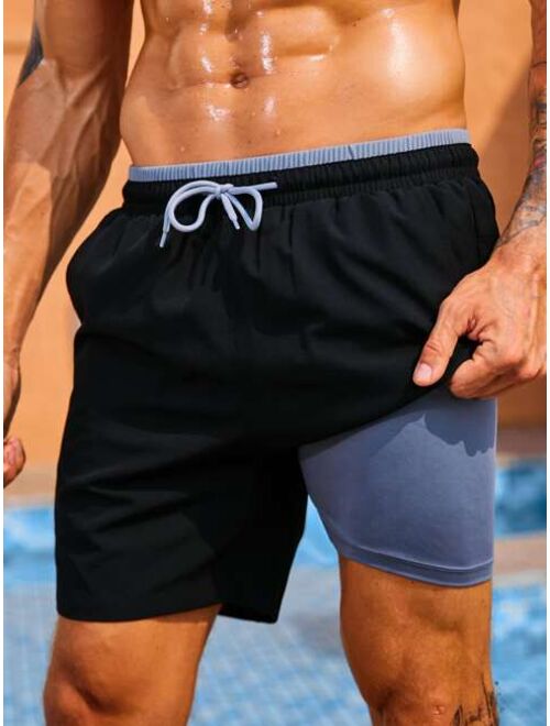 Men Drawstring Waist Swim Shorts With Compression Liner