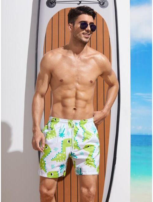 Men Random Cartoon Graphic Drawstring Waist Swim Trunks