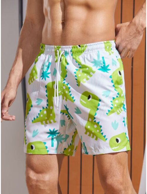 Men Random Cartoon Graphic Drawstring Waist Swim Trunks