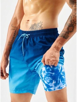 Men Contrast Stitching Drawstring Waist Swim Trunks