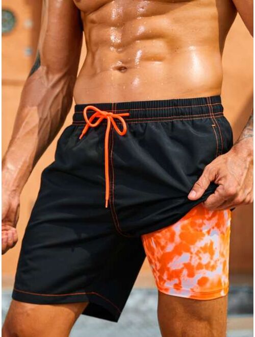 Men Contrast Stitching Drawstring Waist Swim Trunks