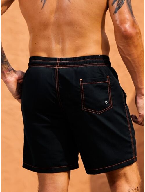 Men Contrast Stitching Drawstring Waist Swim Trunks