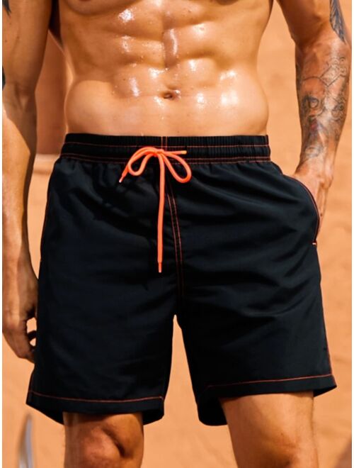 Men Contrast Stitching Drawstring Waist Swim Trunks