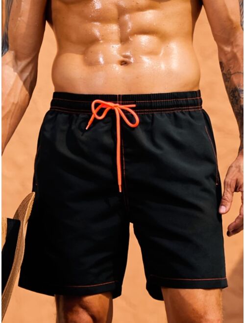 Men Contrast Stitching Drawstring Waist Swim Trunks