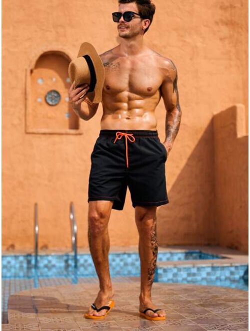 Men Contrast Stitching Drawstring Waist Swim Trunks