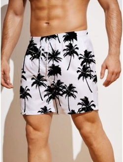 Men Tropical Print Drawstring Waist Swim Trunks