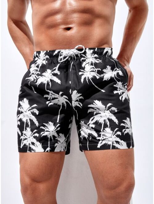 Men Tropical Print Drawstring Waist Swim Trunks