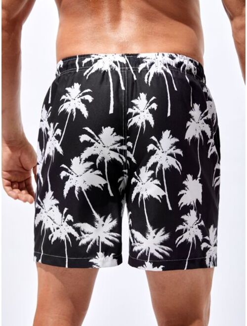 Men Tropical Print Drawstring Waist Swim Trunks