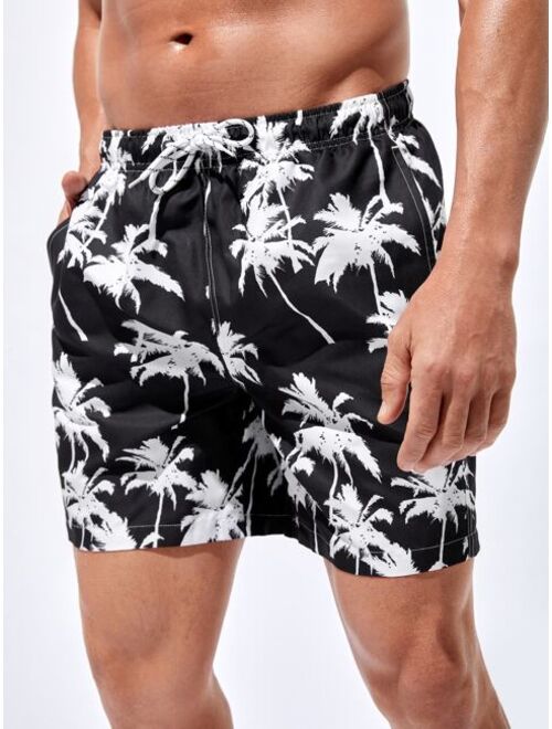 Men Tropical Print Drawstring Waist Swim Trunks