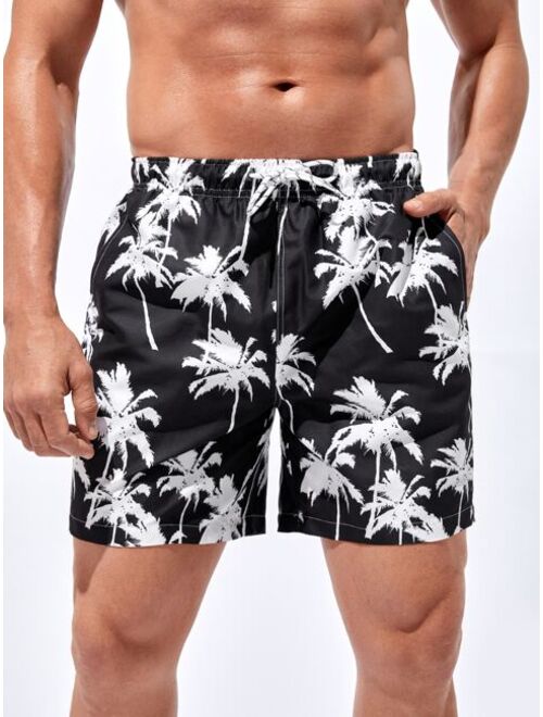 Men Tropical Print Drawstring Waist Swim Trunks