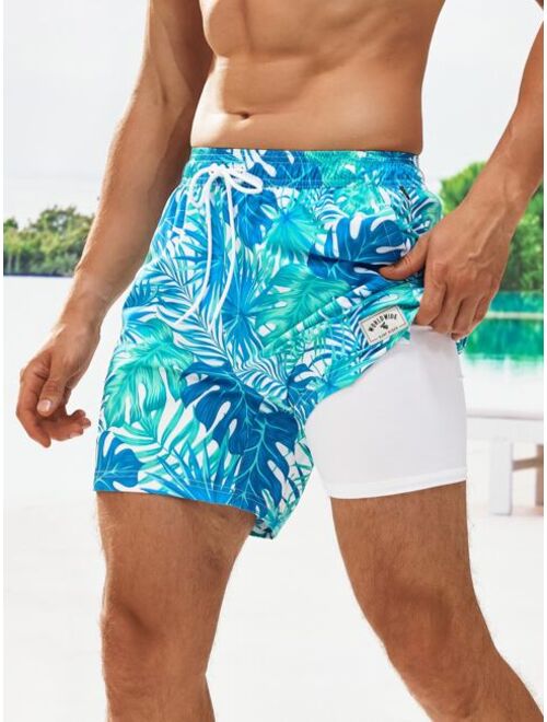 Men Tropical Print Drawstring Waist Swim Trunks