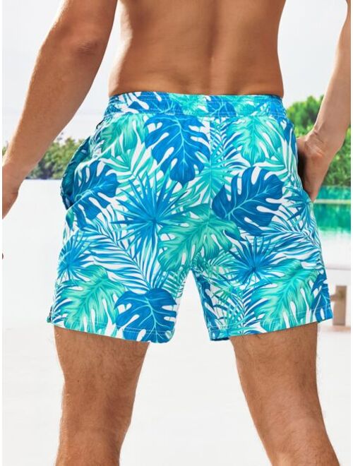 Men Tropical Print Drawstring Waist Swim Trunks