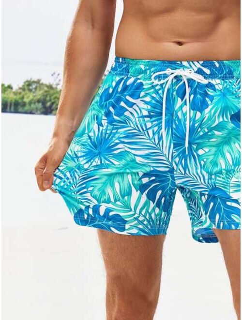 Men Tropical Print Drawstring Waist Swim Trunks