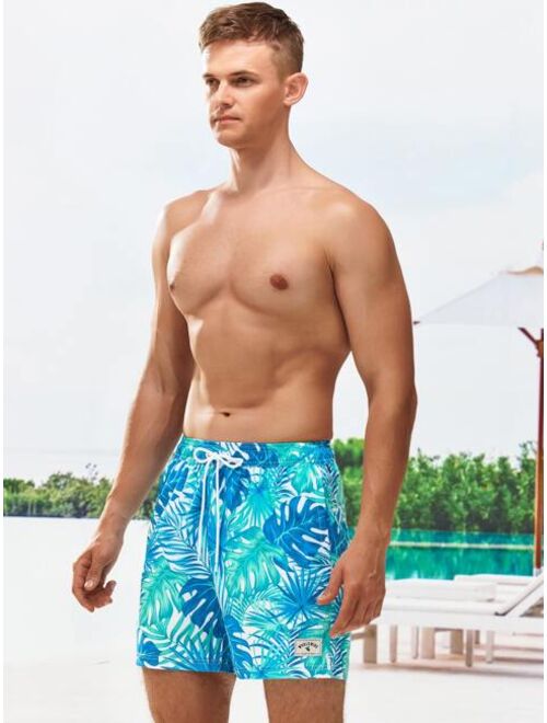 Men Tropical Print Drawstring Waist Swim Trunks