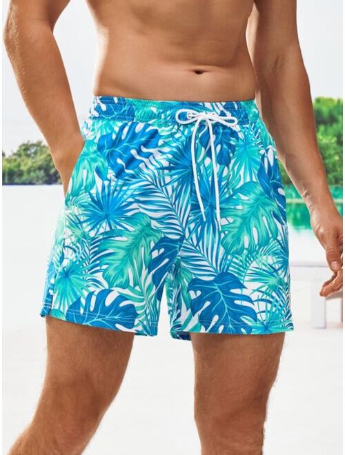 Men Tropical Print Drawstring Waist Swim Trunks