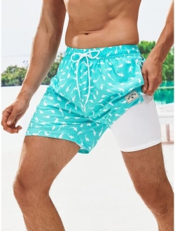 Extended Sizes Men Allover Print Drawstring Waist Swim Trunks Compression Liner