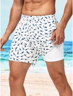 Extended Sizes Men Allover Print Drawstring Waist Swim Trunks Compression Liner