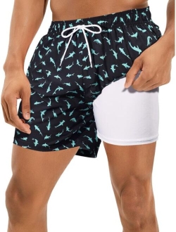 Extended Sizes Men Allover Print Drawstring Waist Swim Trunks Compression Liner