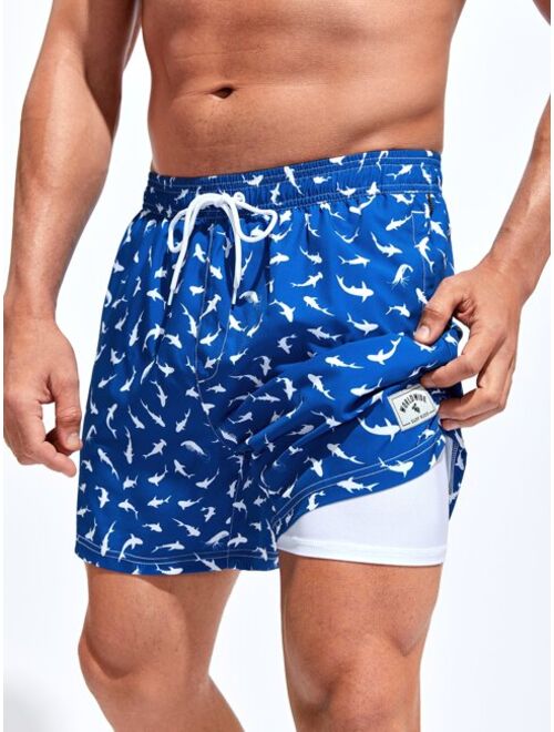 Extended Sizes Men Allover Print Drawstring Waist Swim Trunks Compression Liner