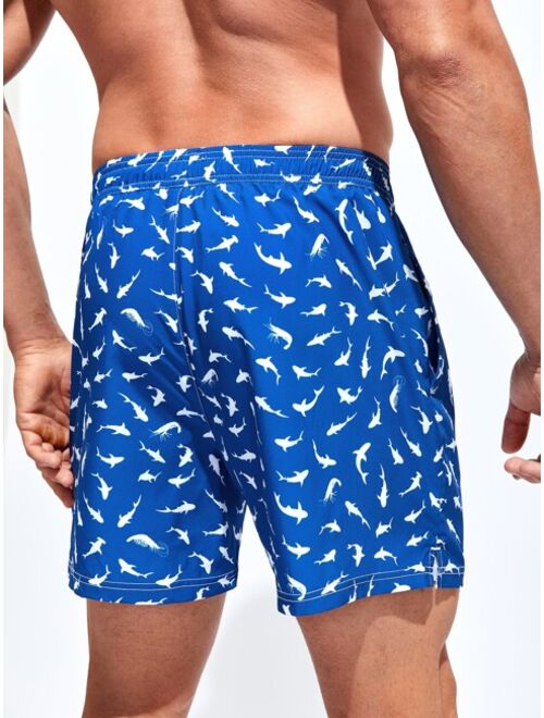 Extended Sizes Men Allover Print Drawstring Waist Swim Trunks Compression Liner