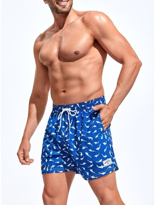 Extended Sizes Men Allover Print Drawstring Waist Swim Trunks Compression Liner