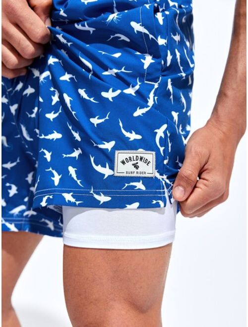 Extended Sizes Men Allover Print Drawstring Waist Swim Trunks Compression Liner