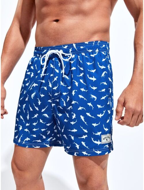 Extended Sizes Men Allover Print Drawstring Waist Swim Trunks Compression Liner