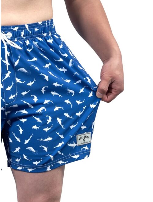 Extended Sizes Men Allover Print Drawstring Waist Swim Trunks Compression Liner