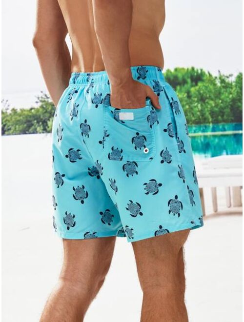 Men Turtle Print Letter Patch Detail Drawstring Waist Swim Trunks