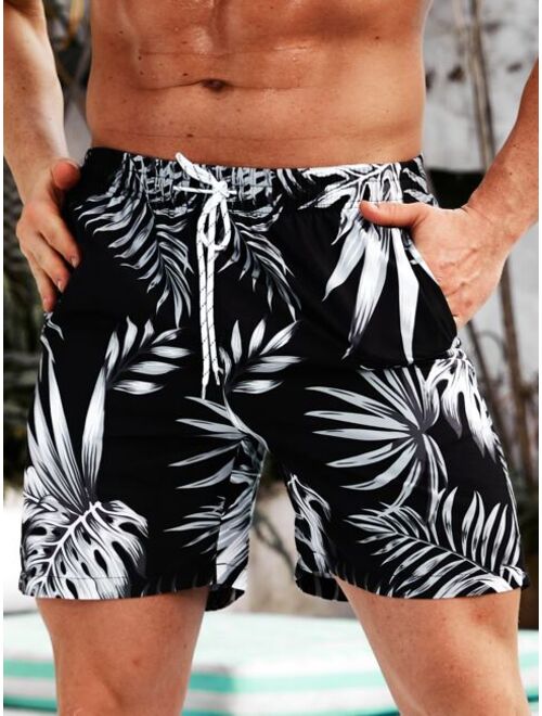 Men Tropical Print Drawstring Waist Swim Trunks