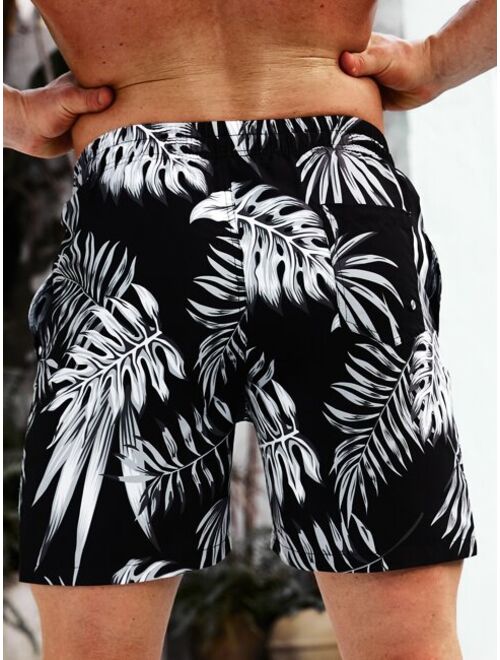 Men Tropical Print Drawstring Waist Swim Trunks