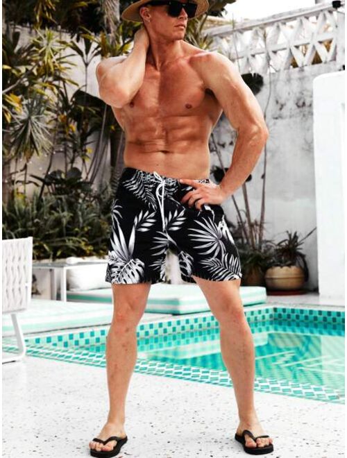 Men Tropical Print Drawstring Waist Swim Trunks