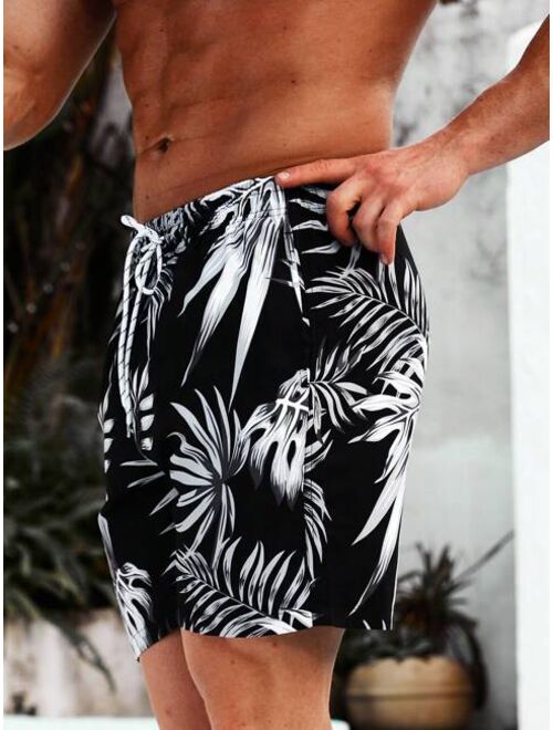 Men Tropical Print Drawstring Waist Swim Trunks