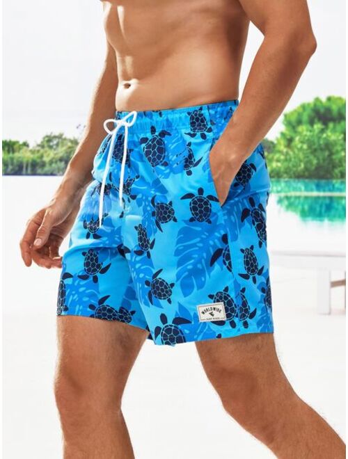 Men Animal Print Drawstring Waist Swim Trunks