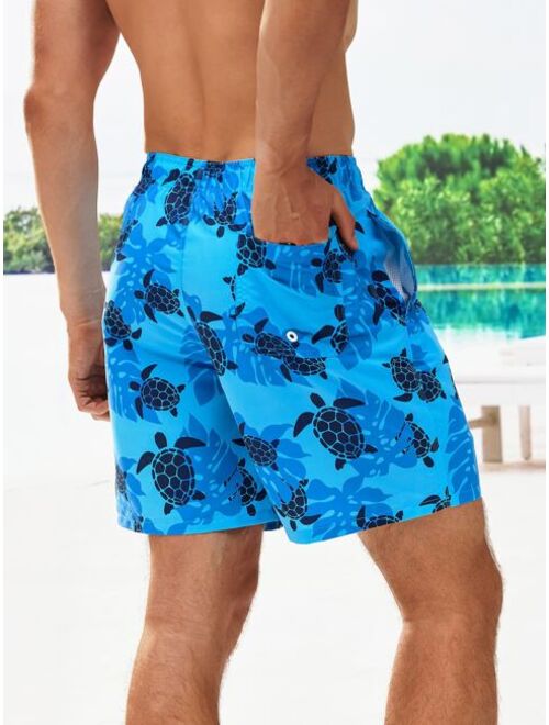 Men Animal Print Drawstring Waist Swim Trunks