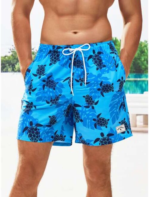 Men Animal Print Drawstring Waist Swim Trunks