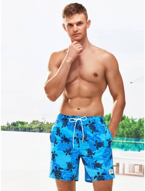 Men Animal Print Drawstring Waist Swim Trunks