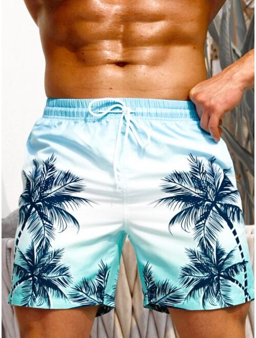 Men Tropical Print Drawstring Waist Swim Trunks