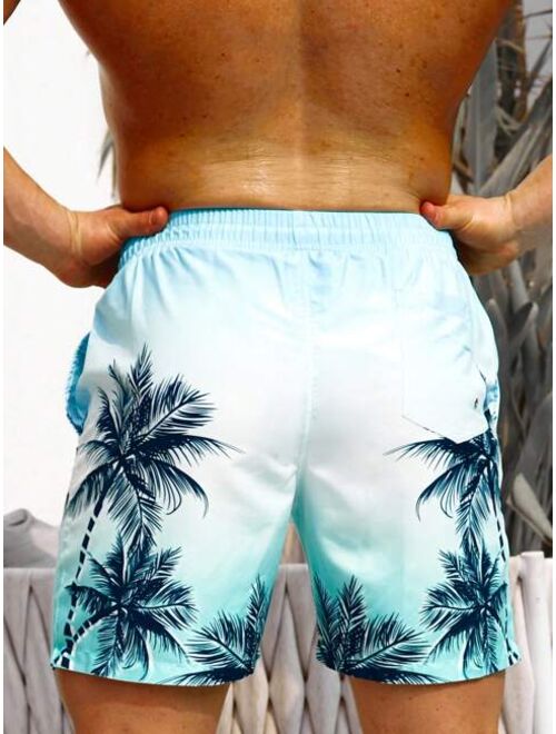 Men Tropical Print Drawstring Waist Swim Trunks