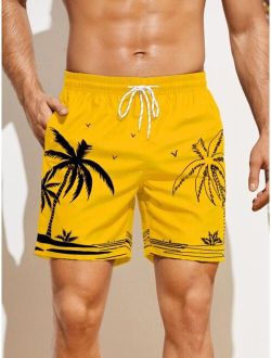 Men Palm Tree Print Drawstring Waist Swim Trunks