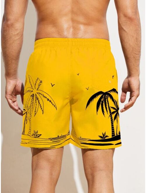 Men Palm Tree Print Drawstring Waist Swim Trunks